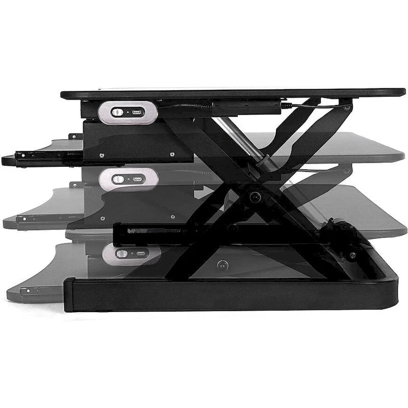 Rehausseur de bureau assis-debout électrique, marron/noir/blanc, surface 91x61 cm, port USB, sans montage