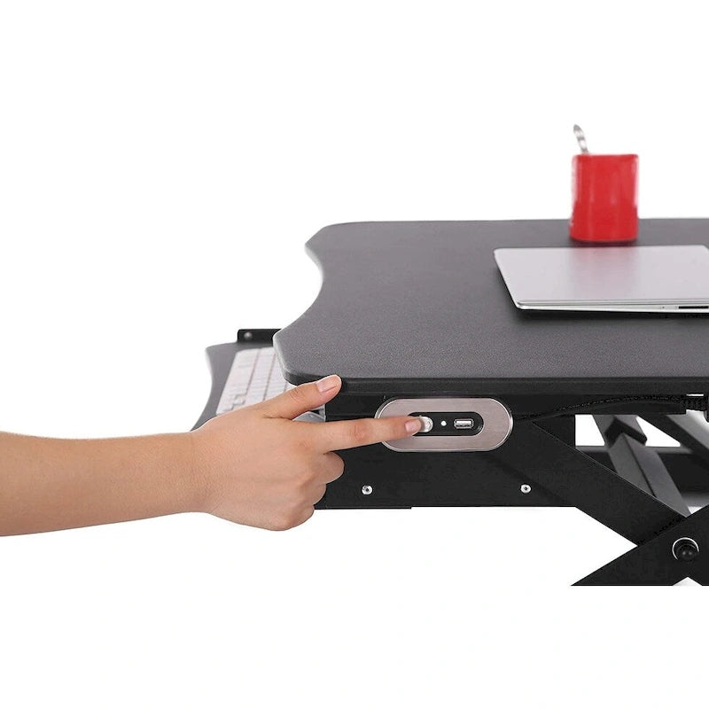 Rehausseur de bureau assis-debout électrique, marron/noir/blanc, surface 91x61 cm, port USB, sans montage