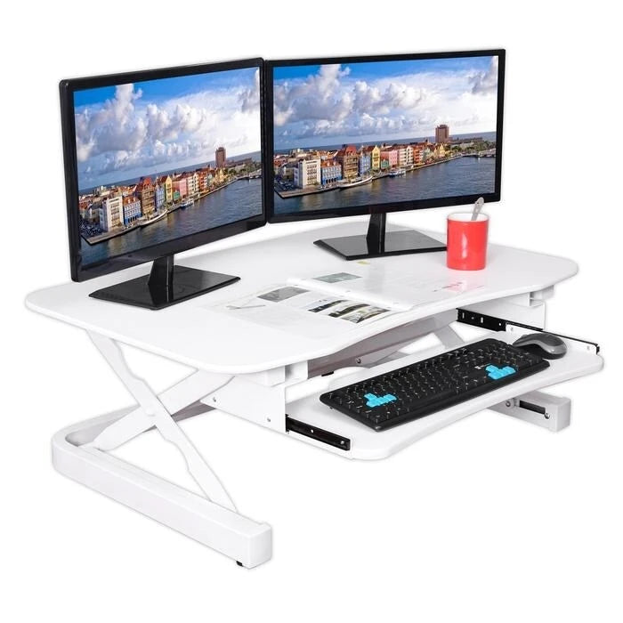 Rehausseur de bureau assis-debout électrique, marron/noir/blanc, surface 91x61 cm, port USB, sans montage