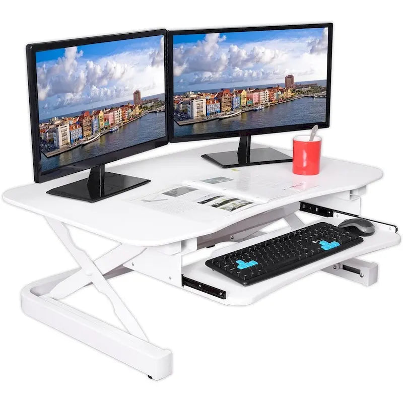 Rehausseur de bureau assis-debout électrique, marron/noir/blanc, surface 91x61 cm, port USB, sans montage