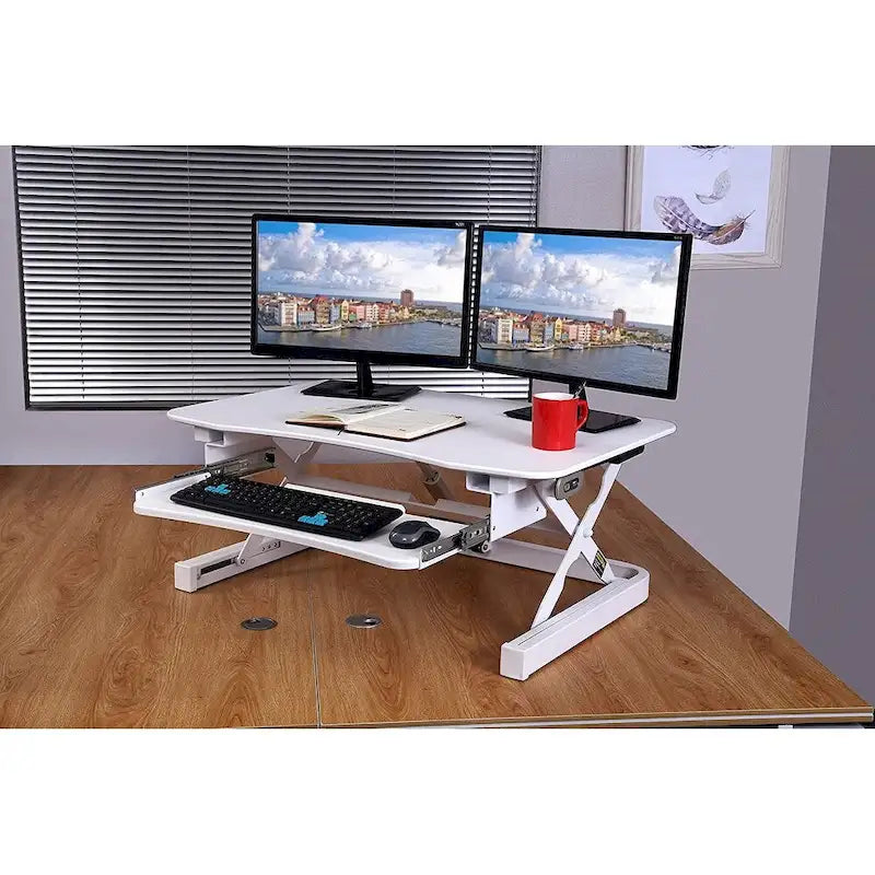 Rehausseur de bureau assis-debout électrique, marron/noir/blanc, surface 91x61 cm, port USB, sans montage