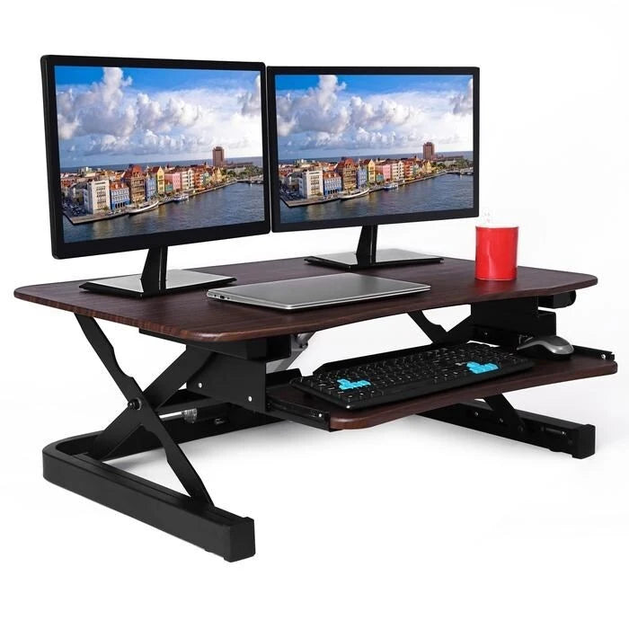 Rehausseur de bureau assis-debout électrique, marron/noir/blanc, surface 91x61 cm, port USB, sans montage