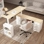 Bureau de télétravail réglable en hauteur avec rangements, 160 cm (L), 75-115 cm (H), armoire et tiroirs, 2 coloris