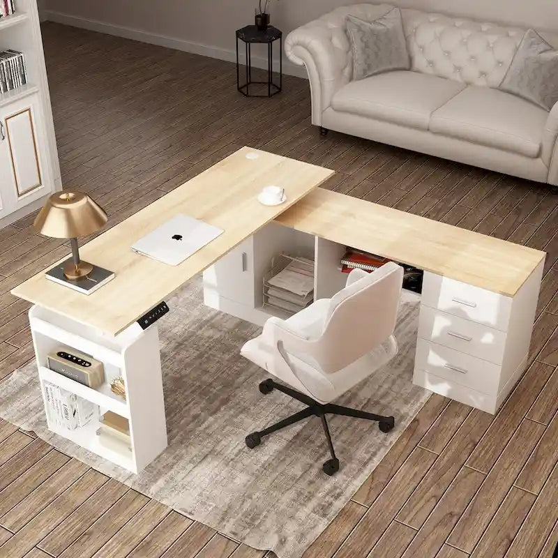 Bureau de télétravail réglable en hauteur avec rangements, 160 cm (L), 75-115 cm (H), armoire et tiroirs, 2 coloris