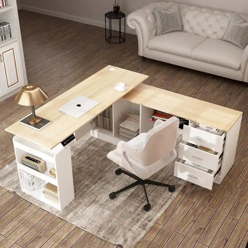 Bureau de télétravail réglable en hauteur avec rangements, 160 cm (L), 75-115 cm (H), armoire et tiroirs, 2 coloris
