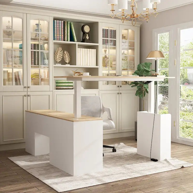 Bureau de télétravail réglable en hauteur avec rangements, 160 cm (L), 75-115 cm (H), armoire et tiroirs, 2 coloris