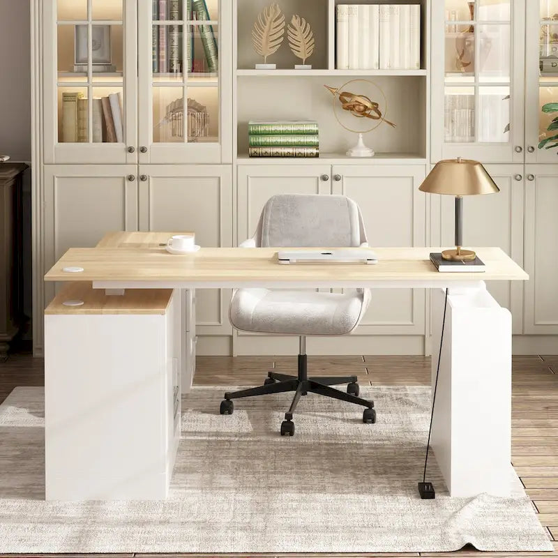 Bureau de télétravail réglable en hauteur avec rangements, 160 cm (L), 75-115 cm (H), armoire et tiroirs, 2 coloris