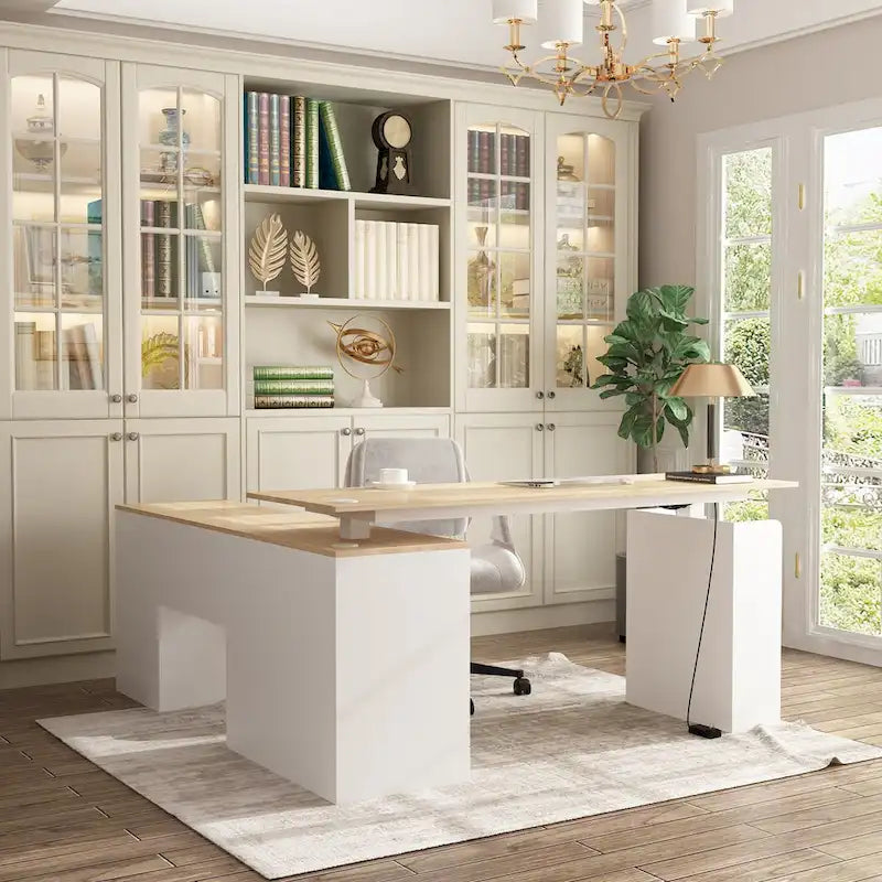 Bureau de télétravail réglable en hauteur avec rangements, 160 cm (L), 75-115 cm (H), armoire et tiroirs, 2 coloris