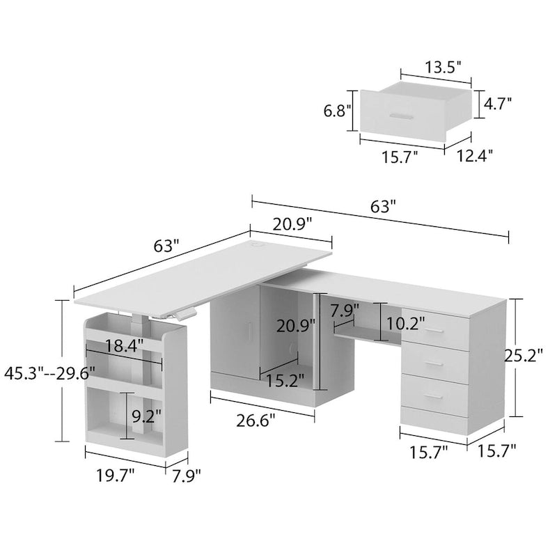 Bureau de télétravail réglable en hauteur avec rangements, 160 cm (L), 75-115 cm (H), armoire et tiroirs, 2 coloris