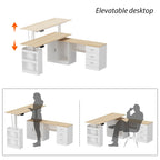 Bureau de télétravail réglable en hauteur avec rangements, 160 cm (L), 75-115 cm (H), armoire et tiroirs, 2 coloris