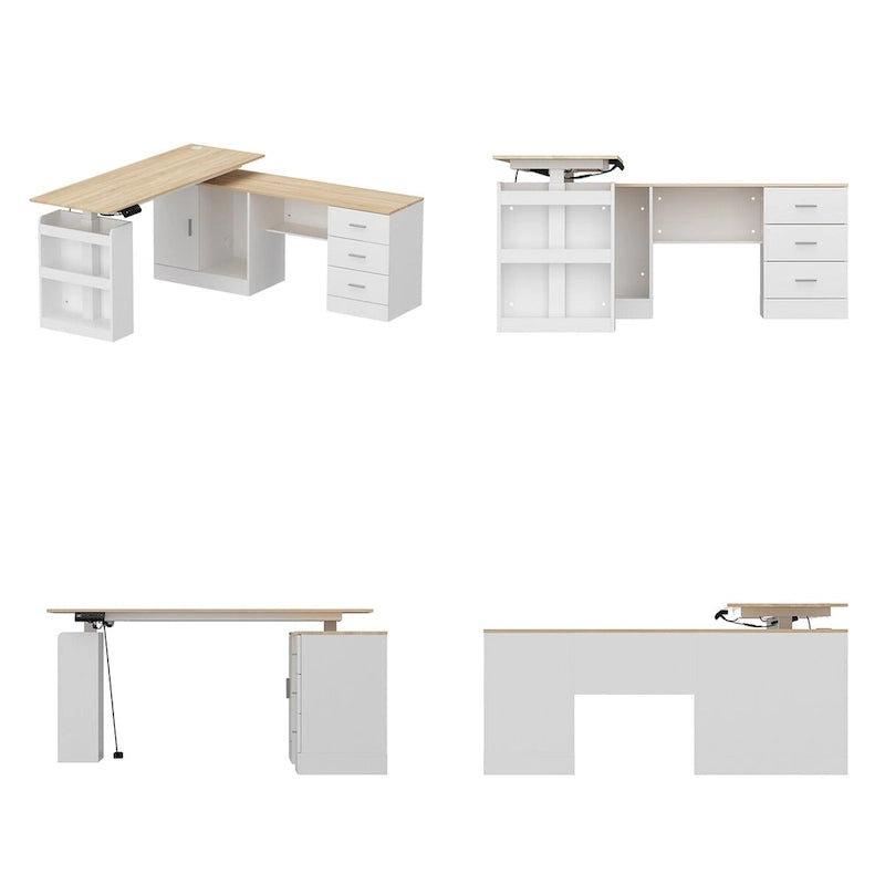 Bureau de télétravail réglable en hauteur avec rangements, 160 cm (L), 75-115 cm (H), armoire et tiroirs, 2 coloris