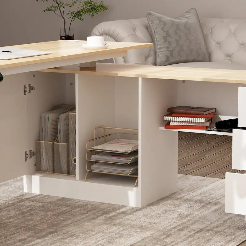 Bureau de télétravail réglable en hauteur avec rangements, 160 cm (L), 75-115 cm (H), armoire et tiroirs, 2 coloris
