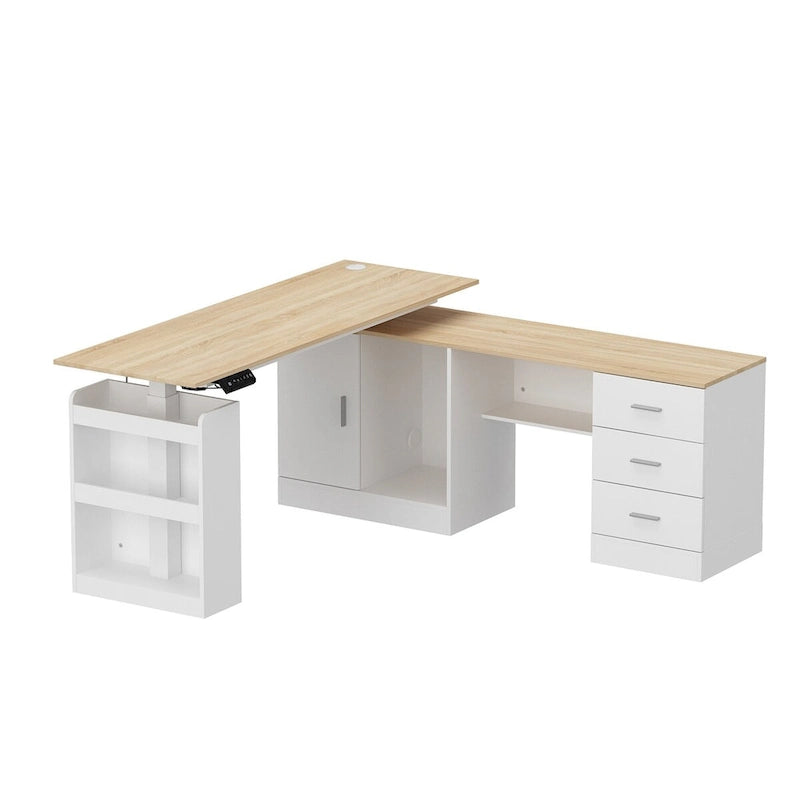 Bureau de télétravail réglable en hauteur avec rangements, 160 cm (L), 75-115 cm (H), armoire et tiroirs, 2 coloris