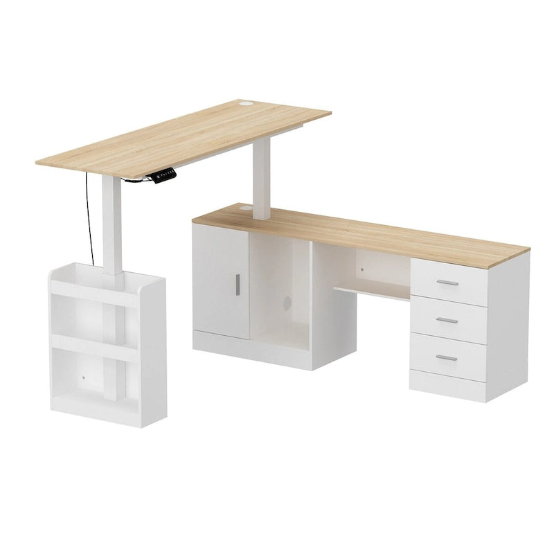 Bureau de télétravail réglable en hauteur avec rangements, 160 cm (L), 75-115 cm (H), armoire et tiroirs, 2 coloris