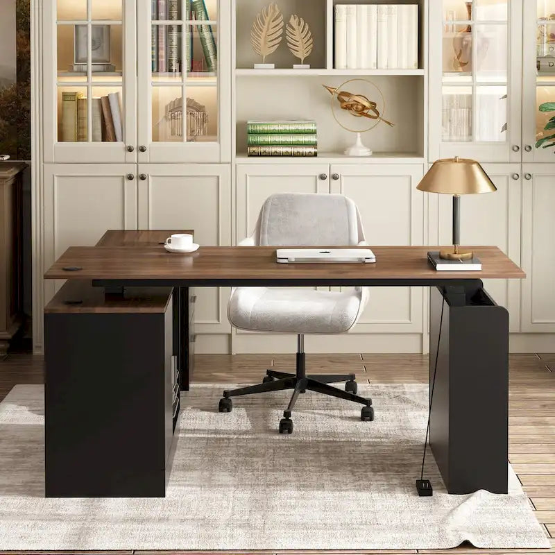 Bureau de télétravail réglable en hauteur avec rangements, 160 cm (L), 75-115 cm (H), armoire et tiroirs, 2 coloris