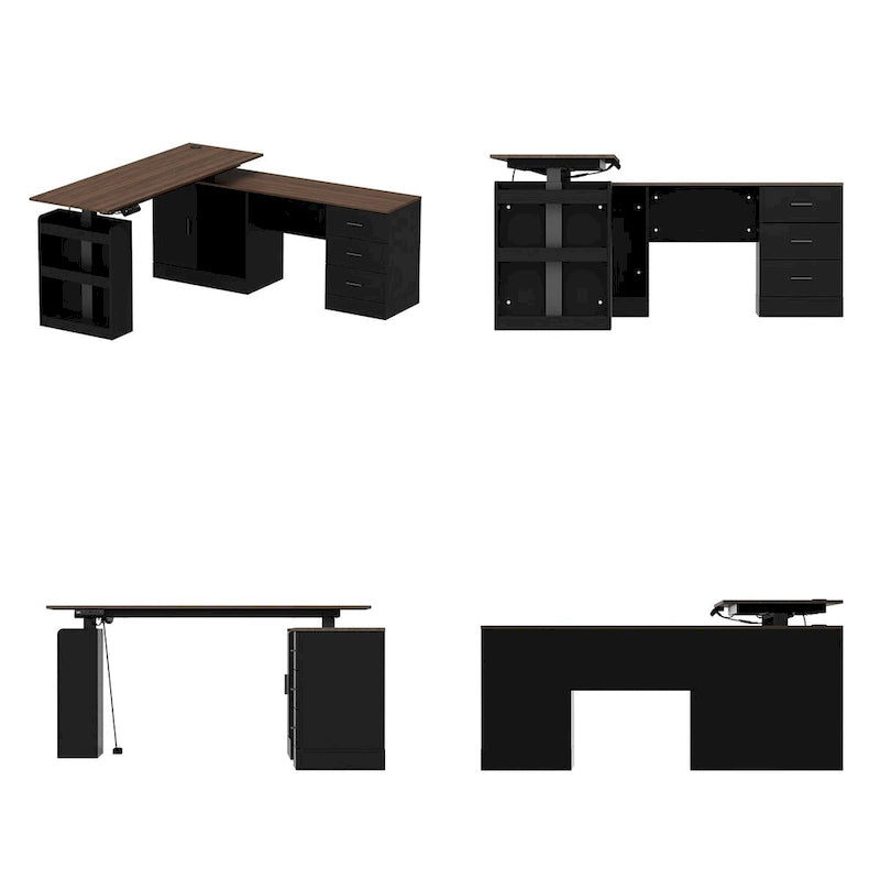 Bureau de télétravail réglable en hauteur avec rangements, 160 cm (L), 75-115 cm (H), armoire et tiroirs, 2 coloris