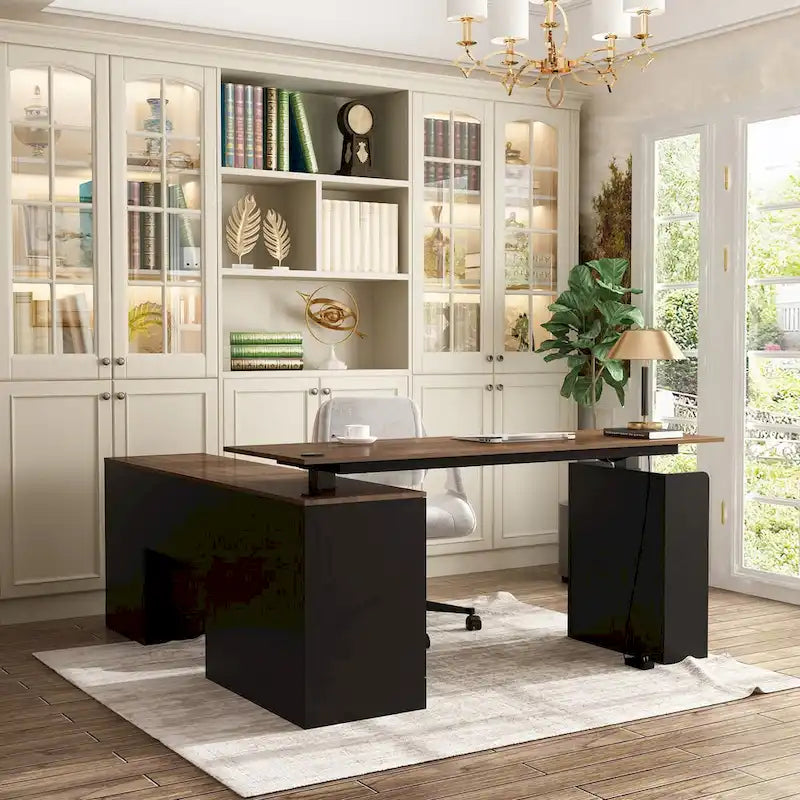Bureau de télétravail réglable en hauteur avec rangements, 160 cm (L), 75-115 cm (H), armoire et tiroirs, 2 coloris