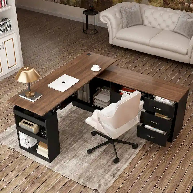Bureau de télétravail réglable en hauteur avec rangements, 160 cm (L), 75-115 cm (H), armoire et tiroirs, 2 coloris