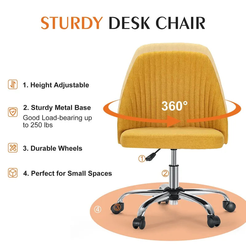 Chaise de bureau sans accoudoirs avec roulettes réglables pivotantes pour petits espaces