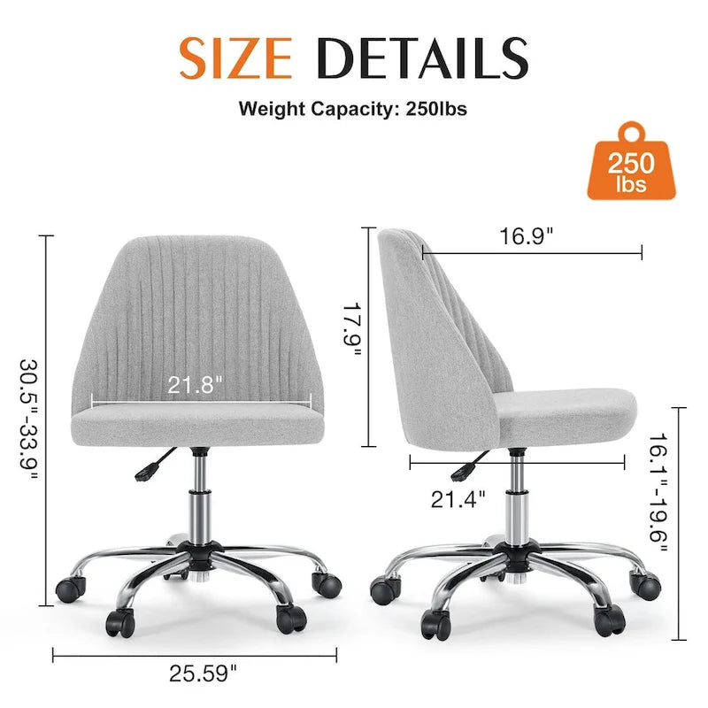 Chaise de bureau sans accoudoirs avec roulettes réglables pivotantes pour petits espaces