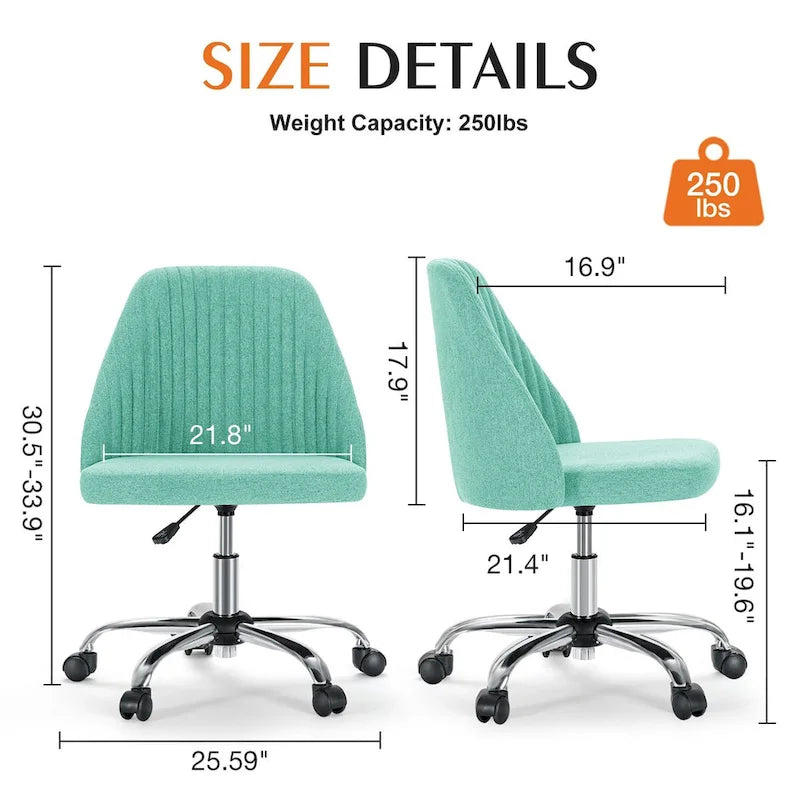 Chaise de bureau sans accoudoirs avec roulettes réglables pivotantes pour petits espaces