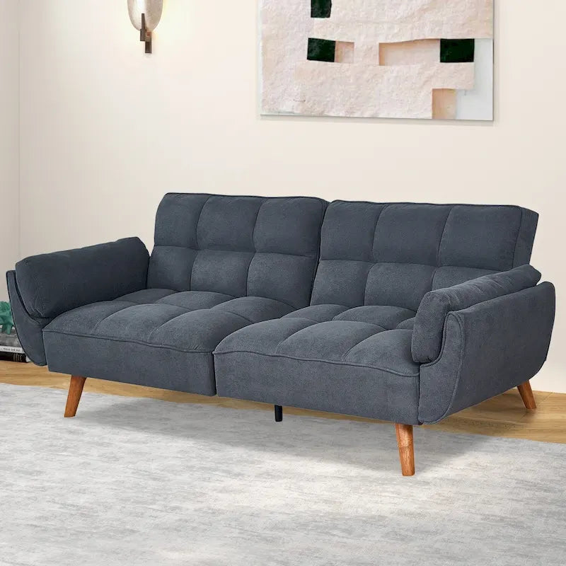 Canapé-lit futon convertible, lin capitonné, pieds en bois, dossier inclinable 3 positions, 227 kg, 2 places, beige/gris/vert/jaune