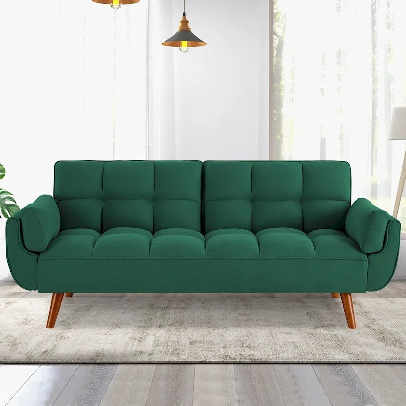 Canapé-lit futon convertible, lin capitonné, pieds en bois, dossier inclinable 3 positions, 227 kg, 2 places, beige/gris/vert/jaune