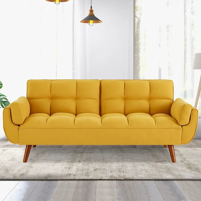 Canapé-lit futon convertible, lin capitonné, pieds en bois, dossier inclinable 3 positions, 227 kg, 2 places, beige/gris/vert/jaune