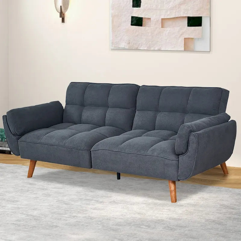 Canapé-lit futon convertible, lin capitonné, pieds en bois, dossier inclinable 3 positions, 227 kg, 2 places, beige/gris/vert/jaune