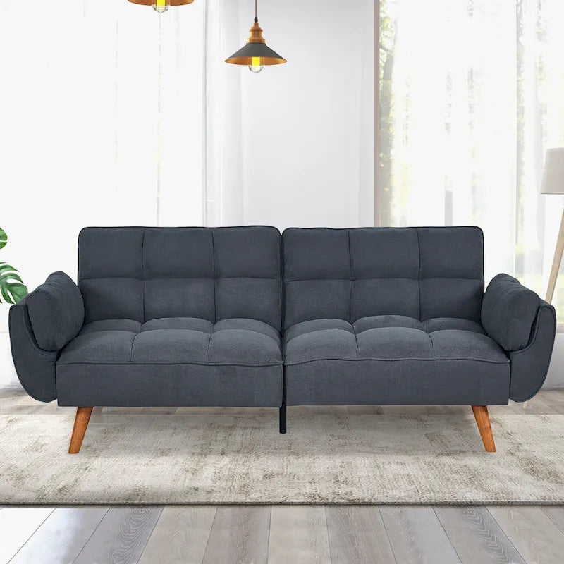 Canapé-lit futon convertible, lin capitonné, pieds en bois, dossier inclinable 3 positions, 227 kg, 2 places, beige/gris/vert/jaune