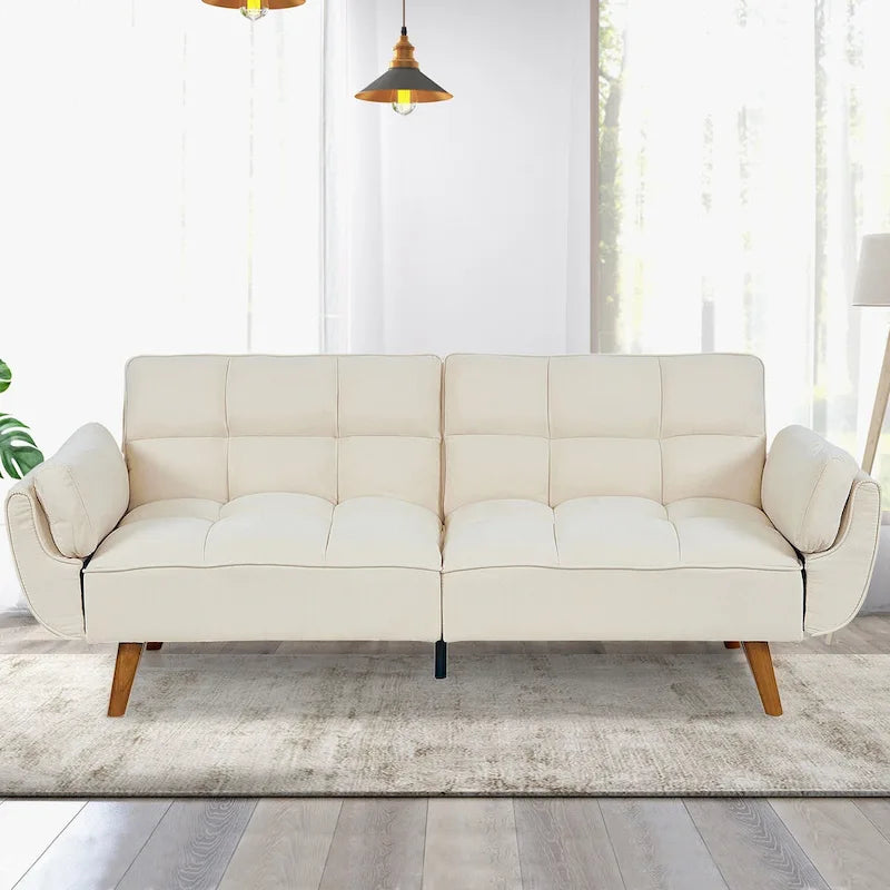 Canapé-lit futon convertible, lin capitonné, pieds en bois, dossier inclinable 3 positions, 227 kg, 2 places, beige/gris/vert/jaune