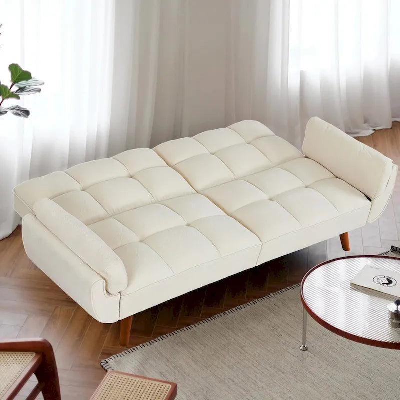 Canapé-lit futon convertible, lin capitonné, pieds en bois, dossier inclinable 3 positions, 227 kg, 2 places, beige/gris/vert/jaune
