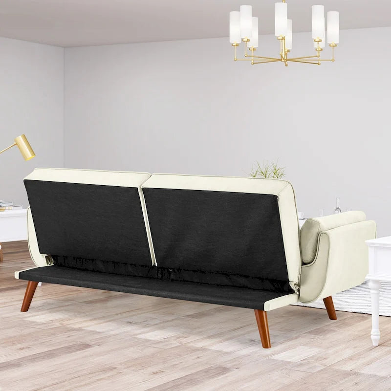 Canapé-lit futon convertible, lin capitonné, pieds en bois, dossier inclinable 3 positions, 227 kg, 2 places, beige/gris/vert/jaune