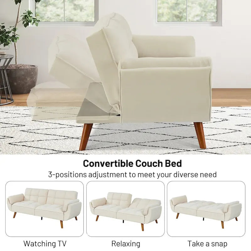 Canapé-lit futon convertible, lin capitonné, pieds en bois, dossier inclinable 3 positions, 227 kg, 2 places, beige/gris/vert/jaune