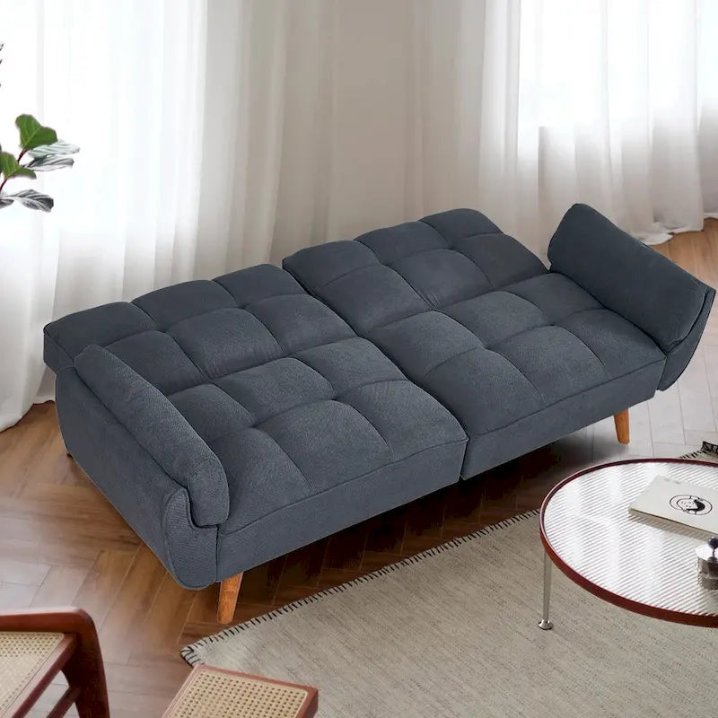Canapé-lit futon convertible, lin capitonné, pieds en bois, dossier inclinable 3 positions, 227 kg, 2 places, beige/gris/vert/jaune