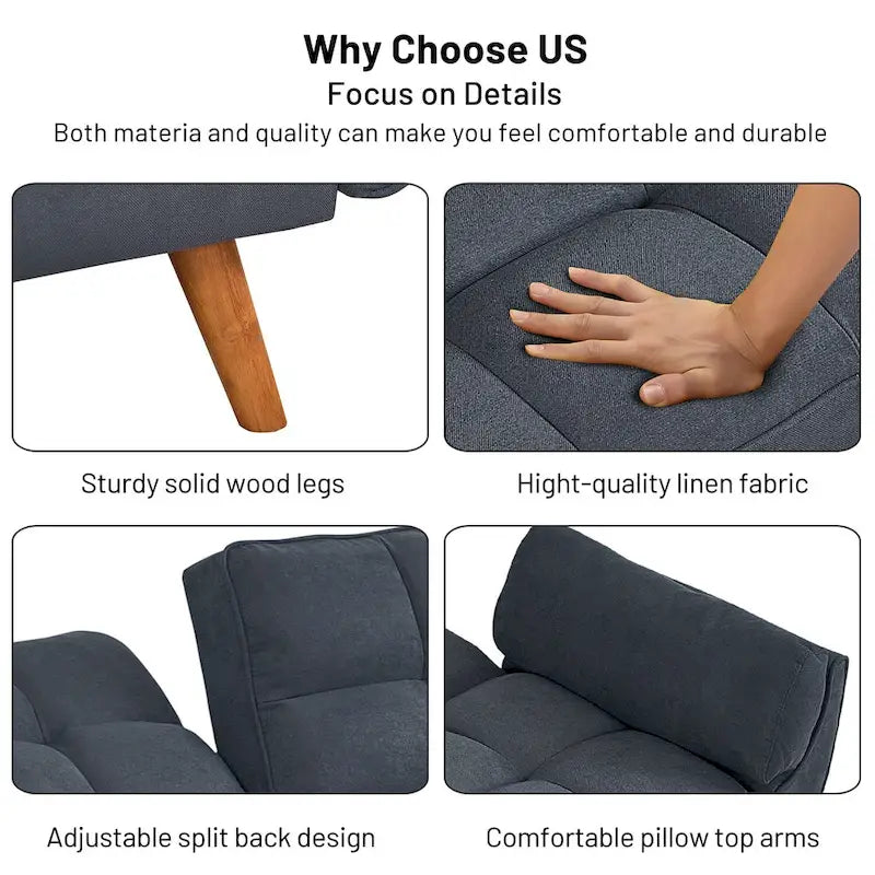 Canapé-lit futon convertible, lin capitonné, pieds en bois, dossier inclinable 3 positions, 227 kg, 2 places, beige/gris/vert/jaune
