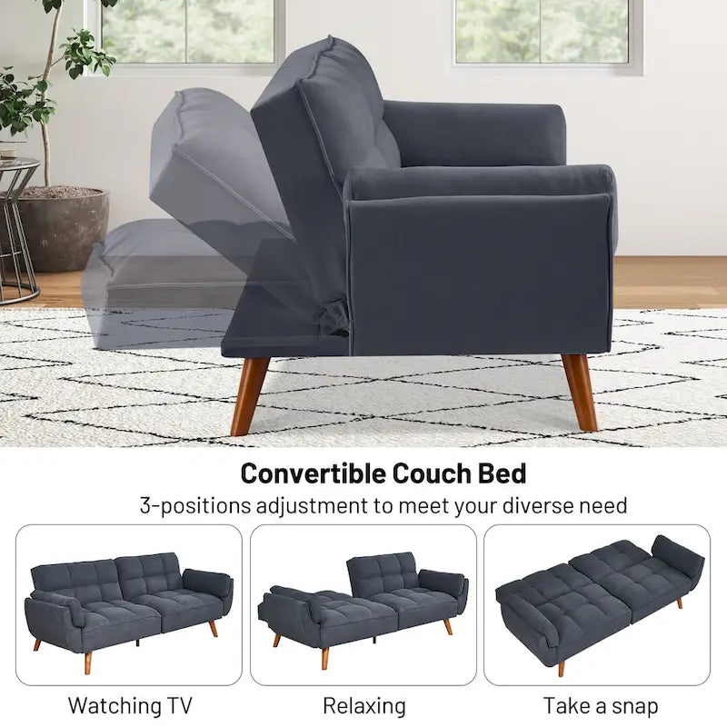 Canapé-lit futon convertible, lin capitonné, pieds en bois, dossier inclinable 3 positions, 227 kg, 2 places, beige/gris/vert/jaune