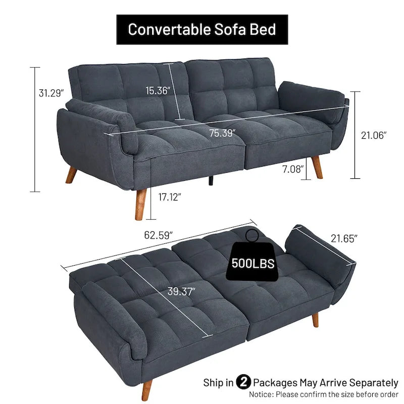 Canapé-lit futon convertible, lin capitonné, pieds en bois, dossier inclinable 3 positions, 227 kg, 2 places, beige/gris/vert/jaune
