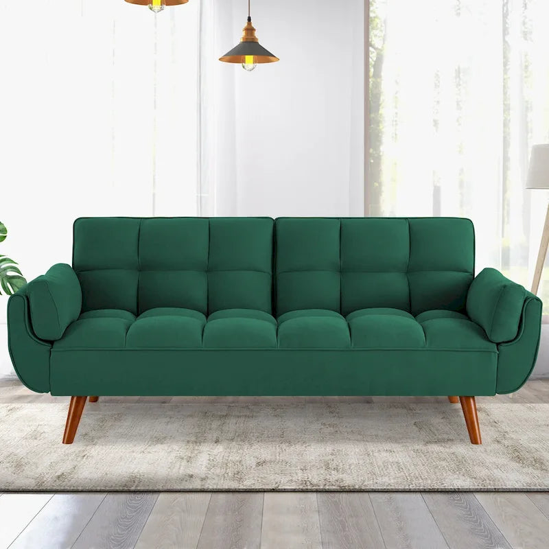 Canapé-lit futon convertible, lin capitonné, pieds en bois, dossier inclinable 3 positions, 227 kg, 2 places, beige/gris/vert/jaune