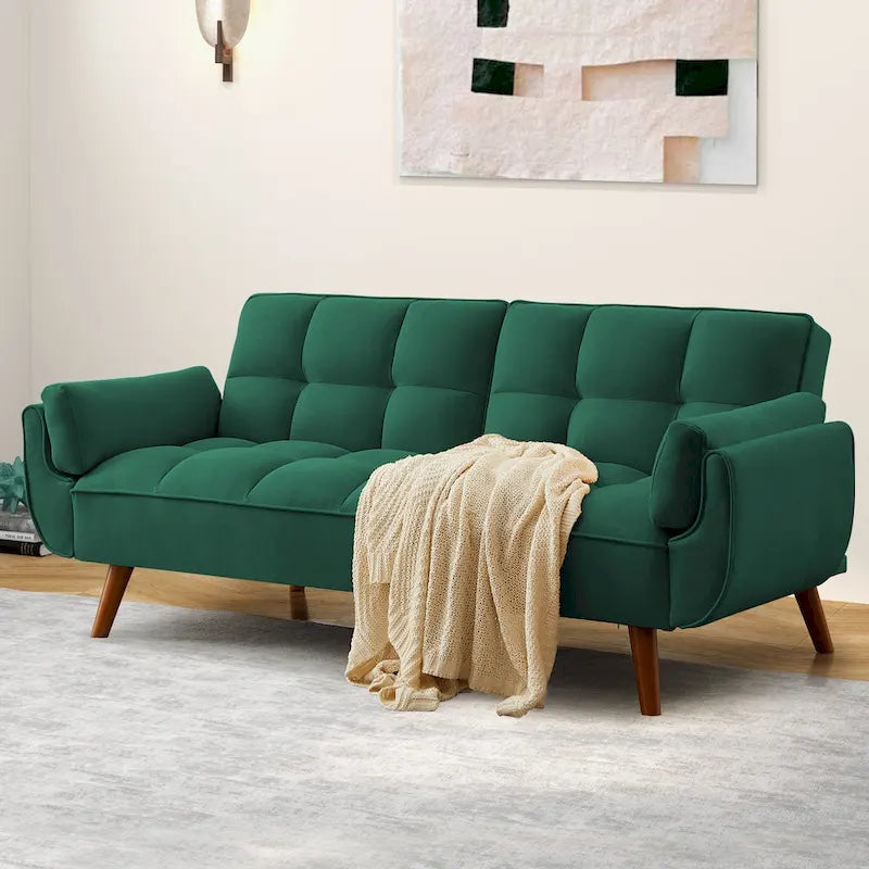Canapé-lit futon convertible, lin capitonné, pieds en bois, dossier inclinable 3 positions, 227 kg, 2 places, beige/gris/vert/jaune