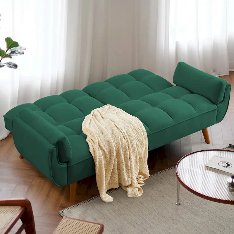 Canapé-lit futon convertible, lin capitonné, pieds en bois, dossier inclinable 3 positions, 227 kg, 2 places, beige/gris/vert/jaune
