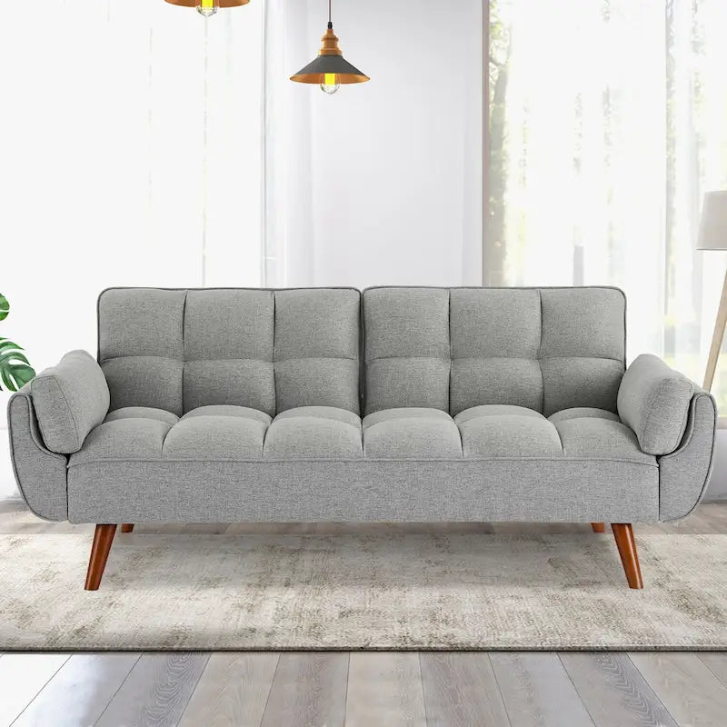 Canapé-lit futon convertible, lin capitonné, pieds en bois, dossier inclinable 3 positions, 227 kg, 2 places, beige/gris/vert/jaune
