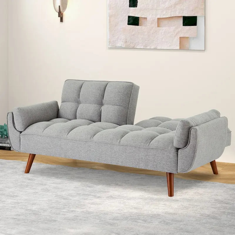 Canapé-lit futon convertible, lin capitonné, pieds en bois, dossier inclinable 3 positions, 227 kg, 2 places, beige/gris/vert/jaune