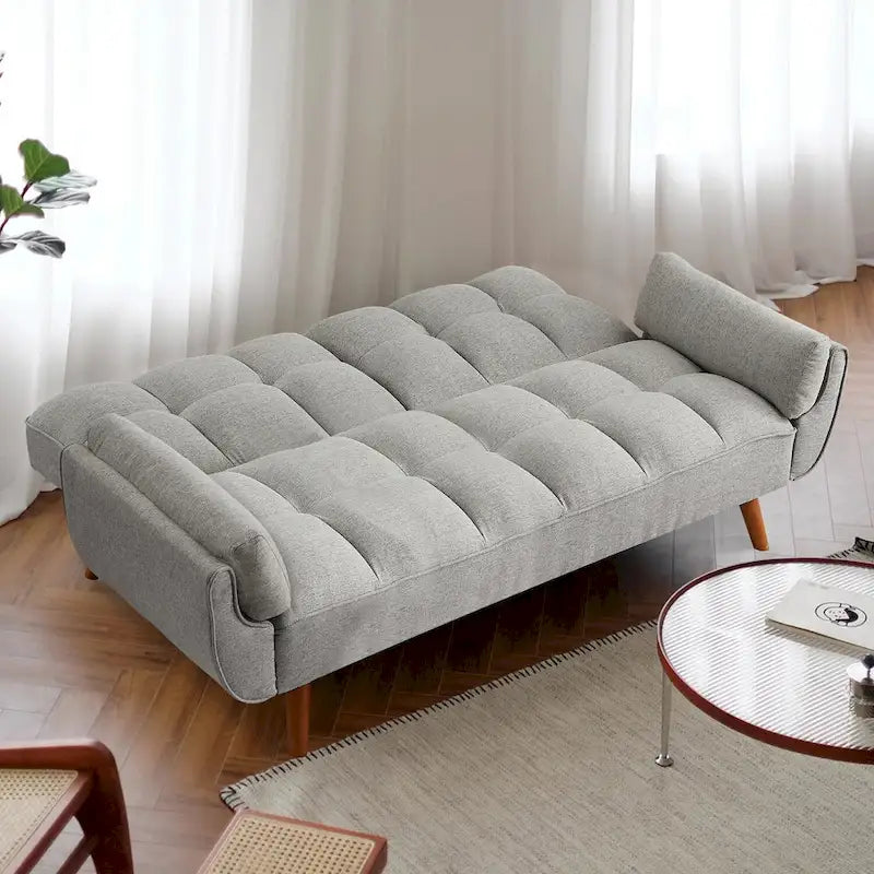 Canapé-lit futon convertible, lin capitonné, pieds en bois, dossier inclinable 3 positions, 227 kg, 2 places, beige/gris/vert/jaune