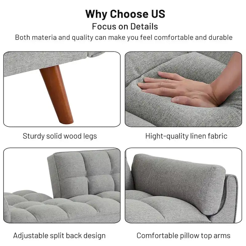 Canapé-lit futon convertible, lin capitonné, pieds en bois, dossier inclinable 3 positions, 227 kg, 2 places, beige/gris/vert/jaune