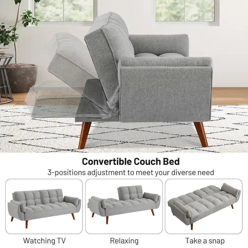 Canapé-lit futon convertible, lin capitonné, pieds en bois, dossier inclinable 3 positions, 227 kg, 2 places, beige/gris/vert/jaune