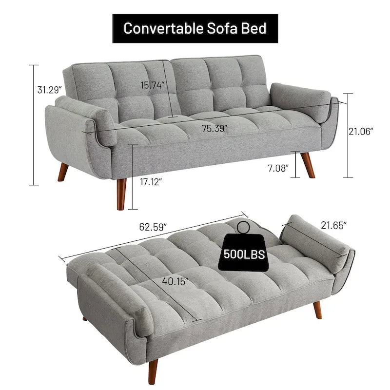 Canapé-lit futon convertible, lin capitonné, pieds en bois, dossier inclinable 3 positions, 227 kg, 2 places, beige/gris/vert/jaune