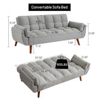 Canapé-lit futon convertible, lin capitonné, pieds en bois, dossier inclinable 3 positions, 227 kg, 2 places, beige/gris/vert/jaune