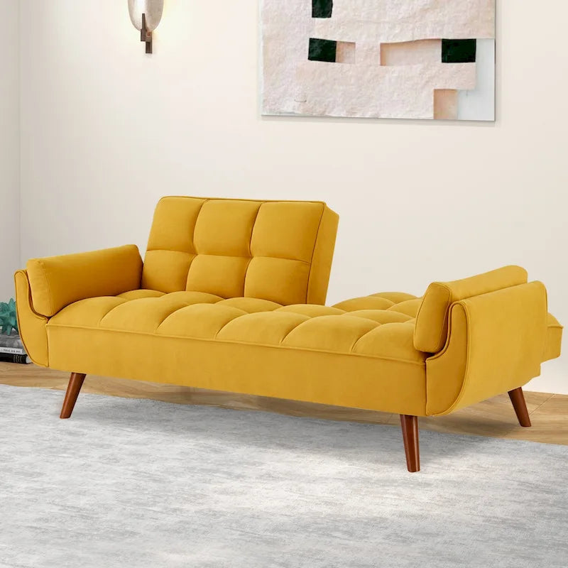 Canapé-lit futon convertible, lin capitonné, pieds en bois, dossier inclinable 3 positions, 227 kg, 2 places, beige/gris/vert/jaune