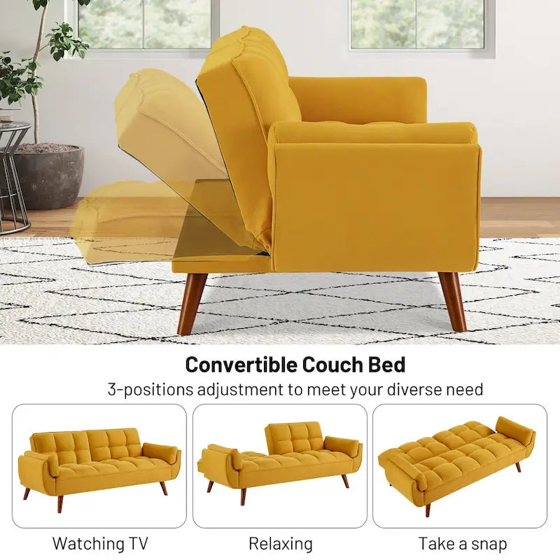 Canapé-lit futon convertible, lin capitonné, pieds en bois, dossier inclinable 3 positions, 227 kg, 2 places, beige/gris/vert/jaune